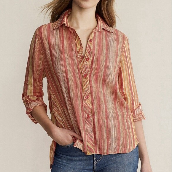 Coldwater Creek Pink Striped Button Up Blouse Womens Size Petite M 100% Linen - Picture 1 of 9